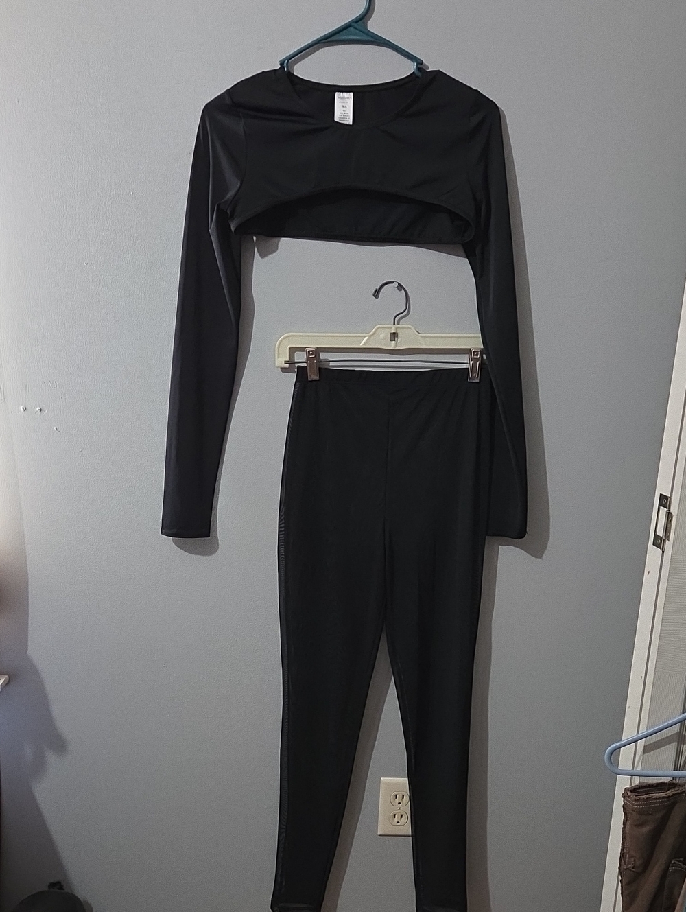 Weissman Black Cropped Long-Sleeve Top & High-Waist Sheer Leggings Set